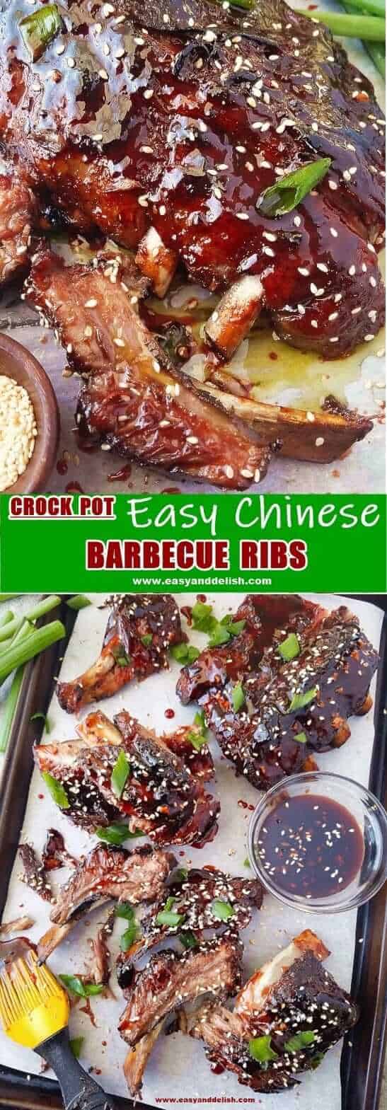 Two close up images showing Chinese barbecue pork ribs served in a pan