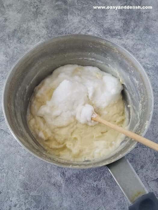 mixing batter in a pan