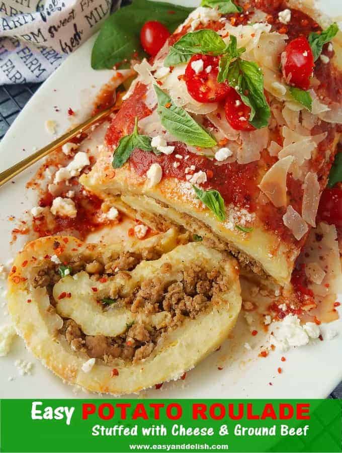 Close up image of potato roulade partially sliced