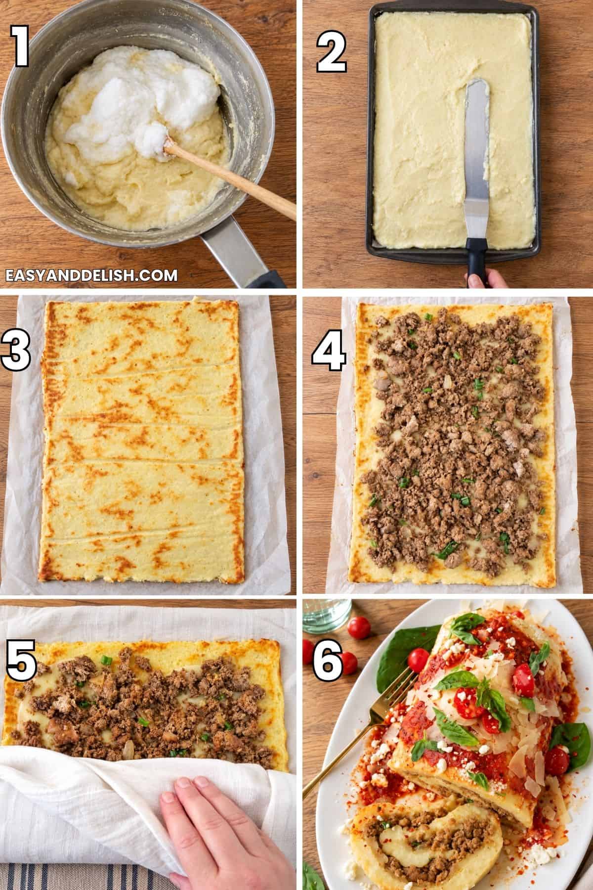 Potato mixture with egg whites, batter spread in a pan, baked potato sheet, ground beef filling, rolling with a cloth, and finished roulade.