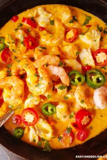 close up of Brazilian moqueca in a pot