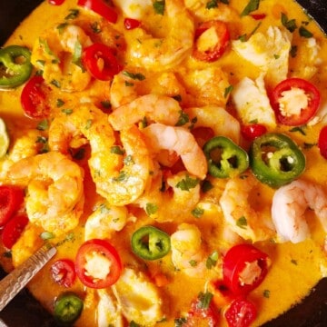 close up of Brazilian moqueca in a pot