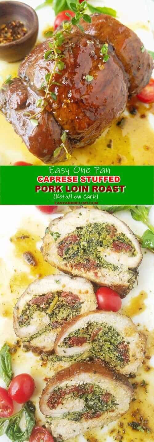 Two close up images showing pork loin whole and also sliced 