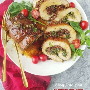 A plate with stuffed pork loin sliced with veggies