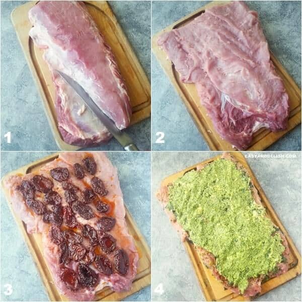 Four photo collage showing how to butterfly and stuff pork loin