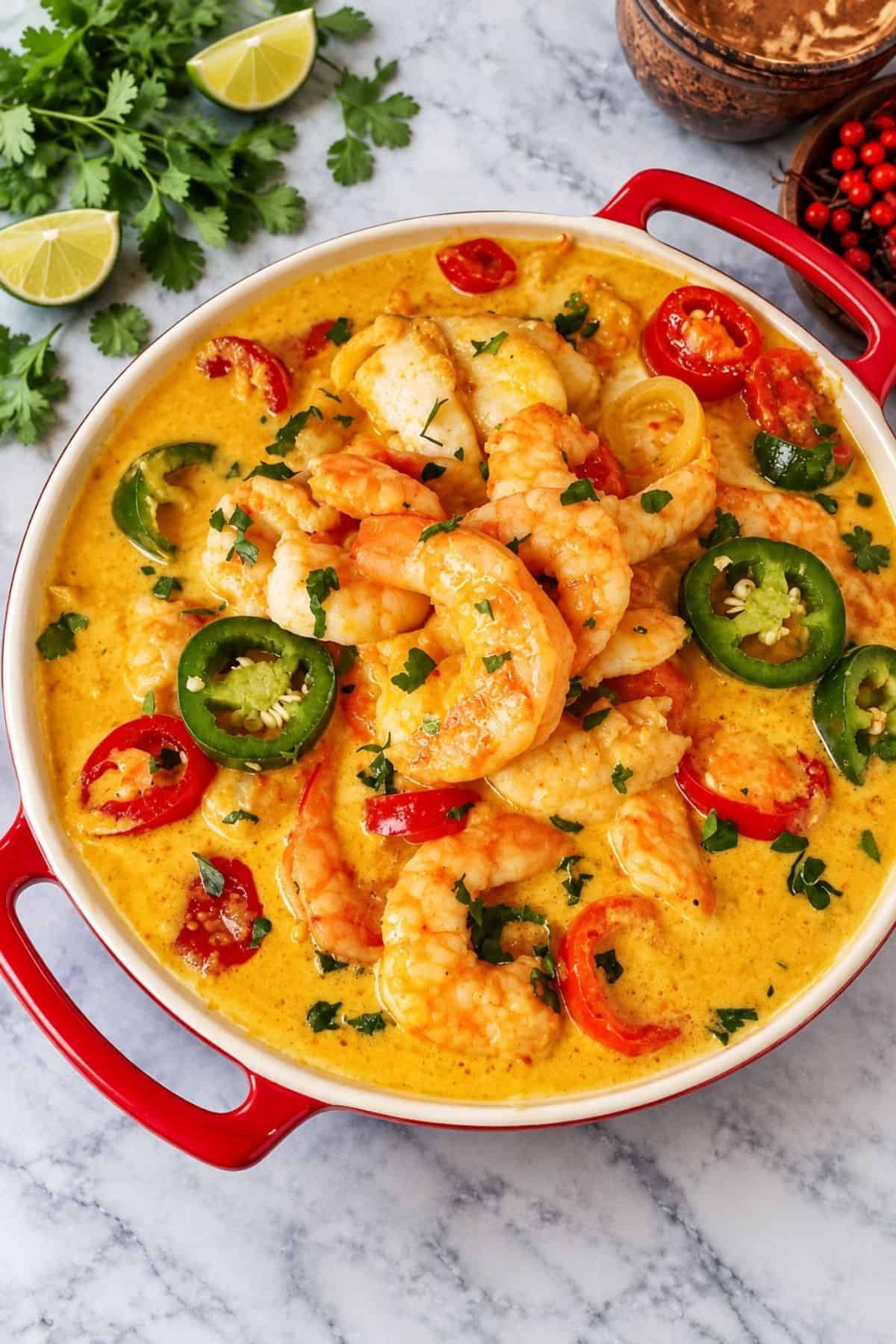 Brazilian seafood stew with shrimp, fish, sliced red and green chiles, and herbs in an orange coconut sauce, served in a red-handled dish.