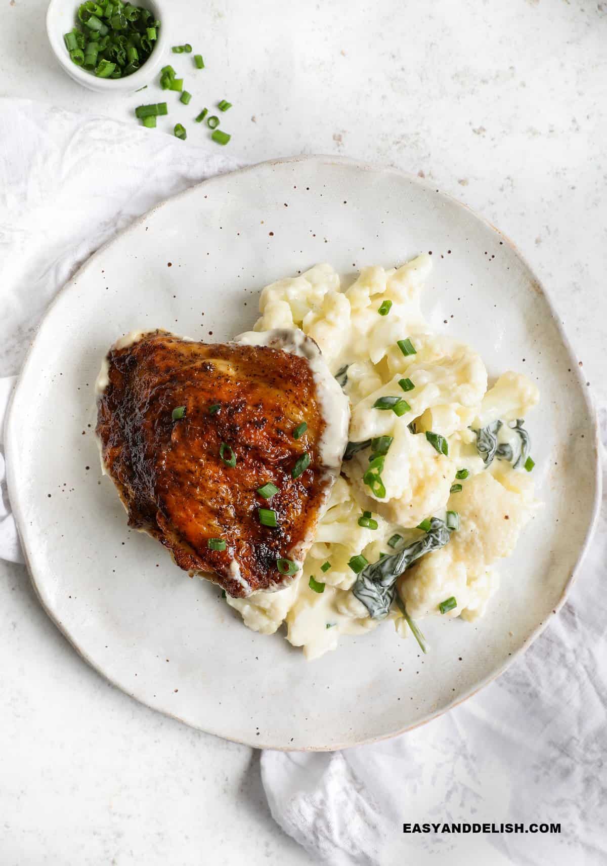 a plate with a creamy dinner meal with chicken and veggie