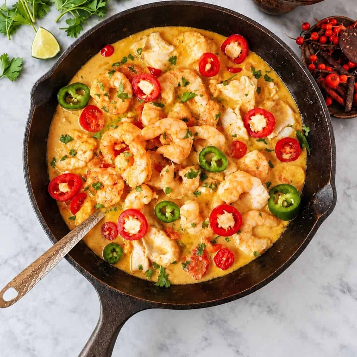 Brazilian moqueca recipe with shrimp, white fish, red and green chile slices, and cilantro in a creamy orange sauce in a skillet on marble.