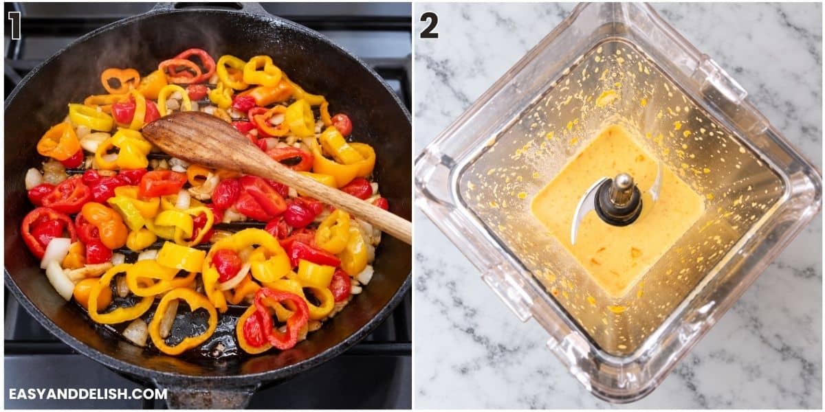 Sliced red, yellow, and orange bell peppers with onion sautéing in a black skillet beside a blender containing smooth orange vegetable sauce.