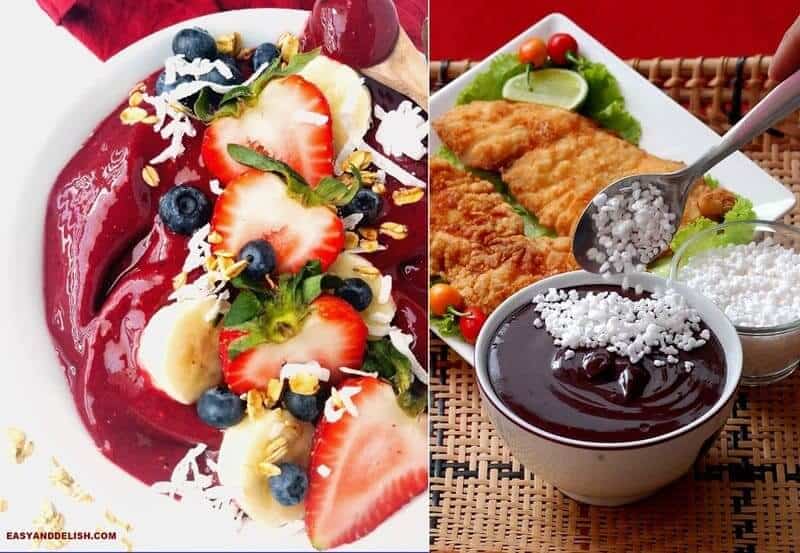 Everything you wanted to know about acai berry and also surprising flavor variations of acai bowl, from a Brazilian food expert. #acaiberry #acaibowl #paleo #glutenfree #healthy #breakfast #snack Photo collage of 2 acai bowl, one with fruits on top and the other with tapioca on top and fish in the background