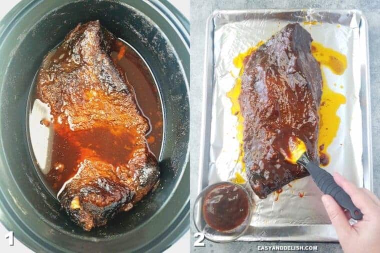 Photo collage with 2 images, one with brisket in the slow cooker and the other in the oven