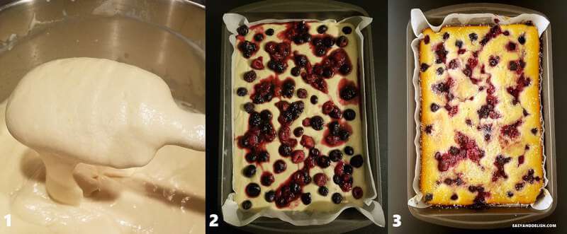 3 photos with cooking steps for berry cake