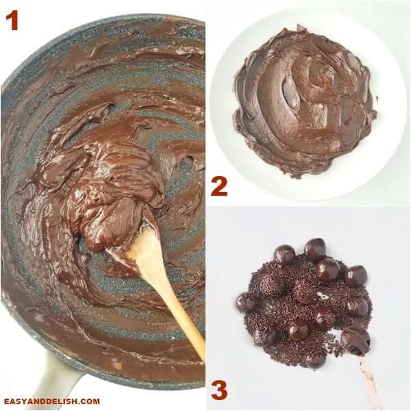 collage with 3 images showing how to make brigadeiro