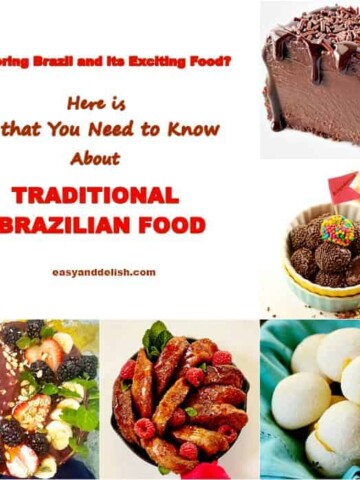 Traditional Brazilian dishes in a photo montage, including from right to left:: acai bowl, rabanada, pao de queijo, brigadeiro, and brigadeirao.