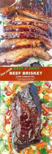 collage with beef brisket sliced in a sheet pan with vegetables