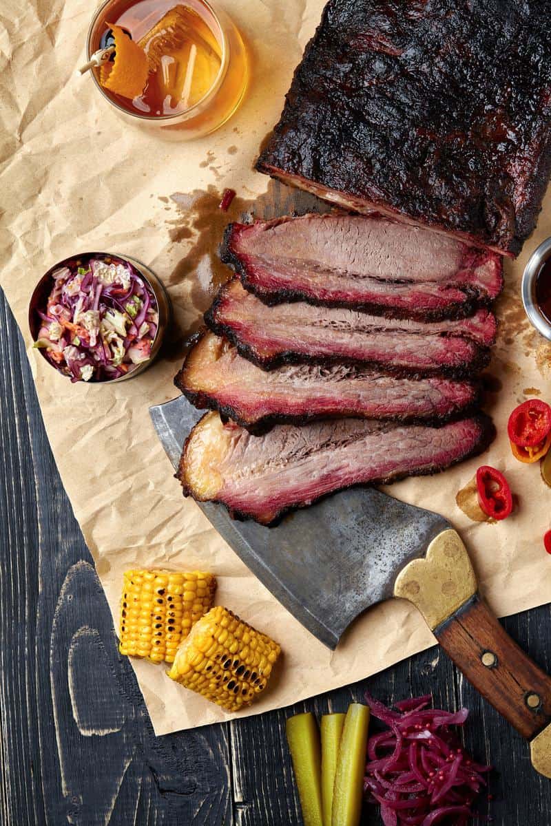 smoked brisket sliced with sides