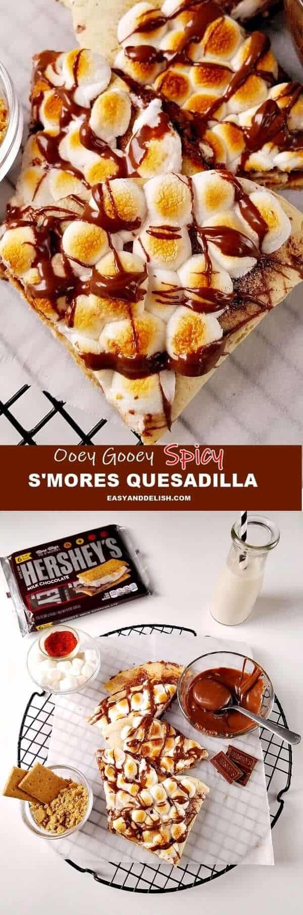 Image collage showing spicy smores quesadillas and its ingredients. 
