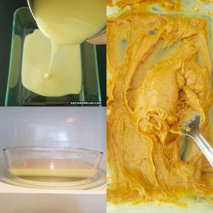 collage of dulce de leche being made in the microwave