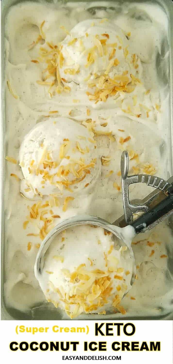 close up image of keto coconut ice cream in a loaf pan with 3 scoops on top