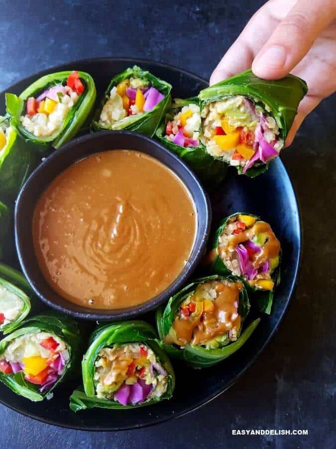 rainbow collard green wraps in a serving bowl 