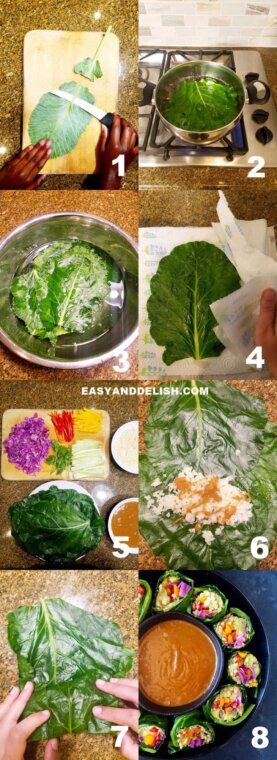 pictorial of collard green wraps with 8 steps