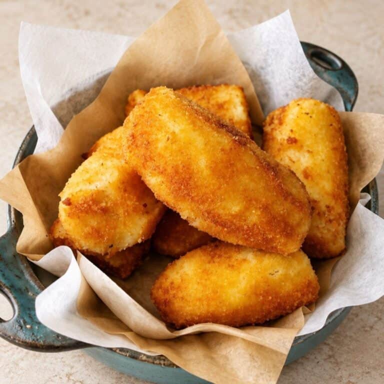 Golden, crispy fried banana halves stacked in a parchment-lined bowl.