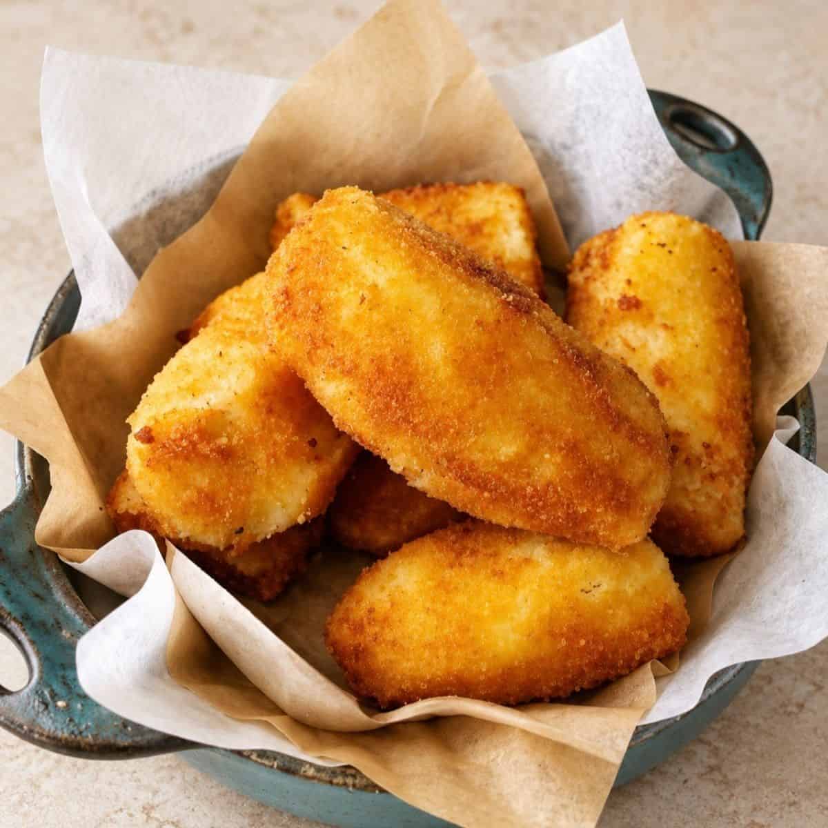 Golden, crispy fried banana halves stacked in a parchment-lined bowl.