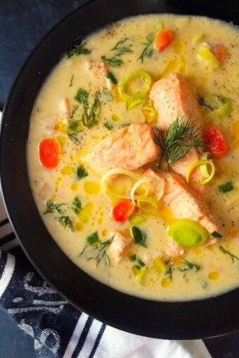 close up image of low carn and gluten-free Norwegian fish soup (fiskesuppe)