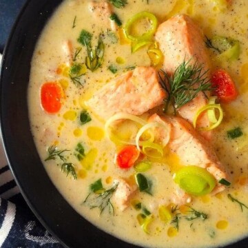close up image of low carn and gluten-free Norwegian fish soup (fiskesuppe)