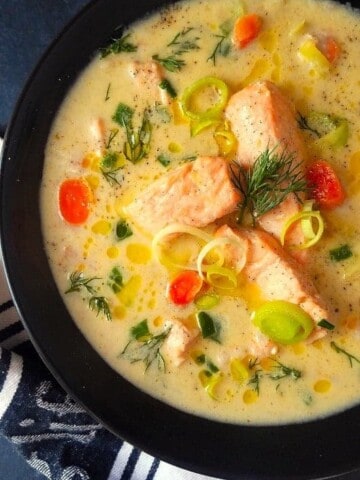 close up image of low carn and gluten-free Norwegian fish soup (fiskesuppe)