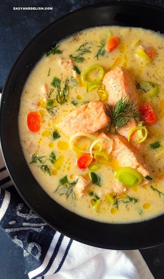 close up image of low carb and gluten-free Norwegian fish soup recipe in a bowl