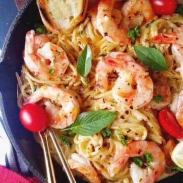 shrimp scampi pasta recipe served in an skillet