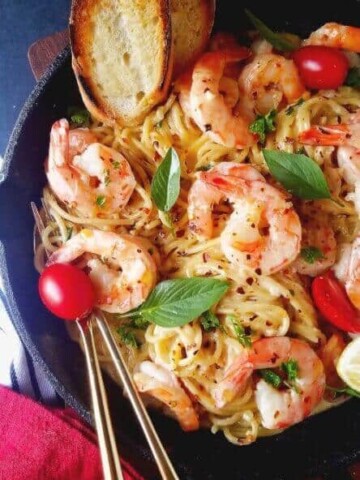 shrimp scampi pasta recipe served in an skillet