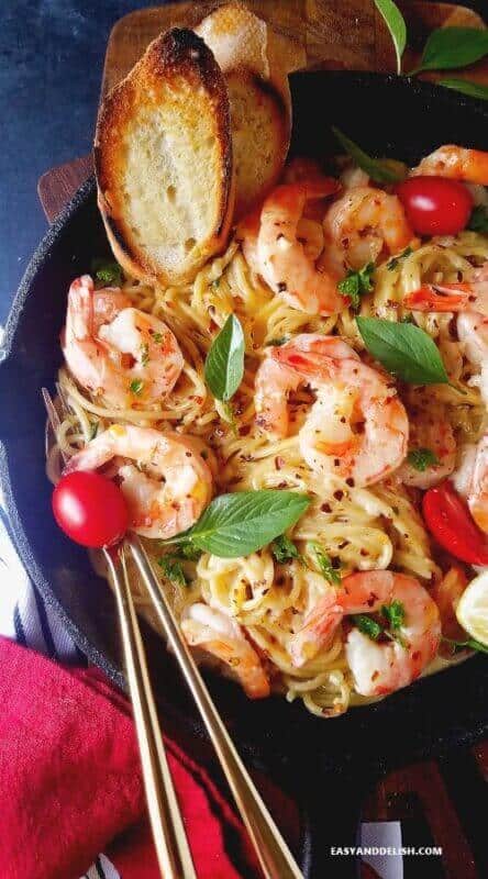 shrimp scampi pasta recipe served in an skillet for one of our best one-pot meals for dinner!  