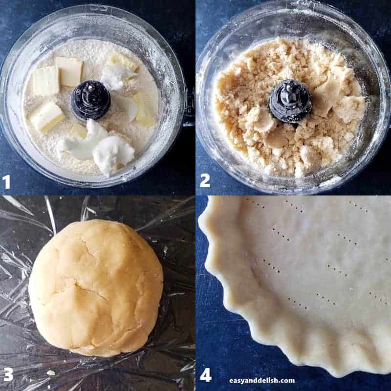 4 collage images showing process on how to make pie dough