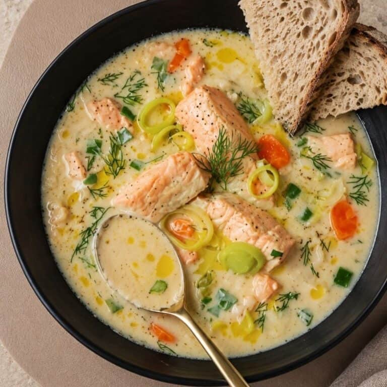 Creamy fish soup in a black bowl.