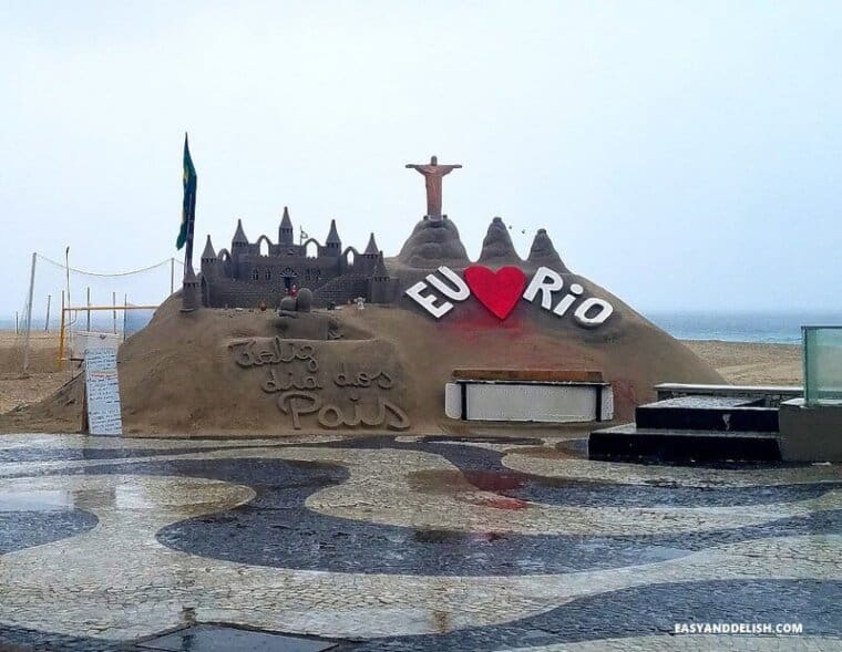 sand sculpture on the Copacabana beach sidewalk 