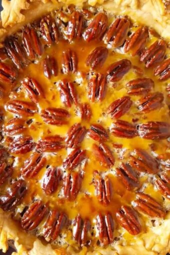 A close up of Texas pecan pie