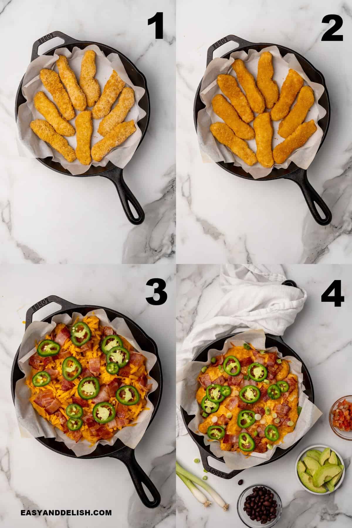 One Skillet Loaded Chicken Nachos Recipe made with crispy chicken strips, cheese, bacon, avocado, and pico de gallo. It makes the perfect low carb nachos for games or casual entertaining-- like a Friday night with friends. recipe steps