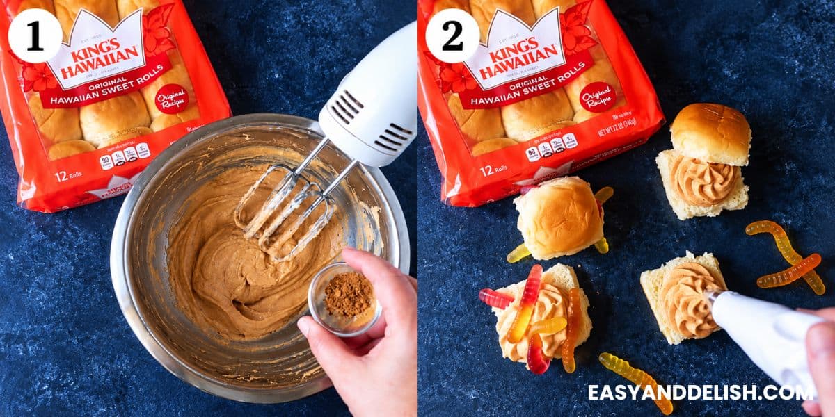 Mixing pumpkin cream cheese and piping the filling onto Hawaiian rolls.