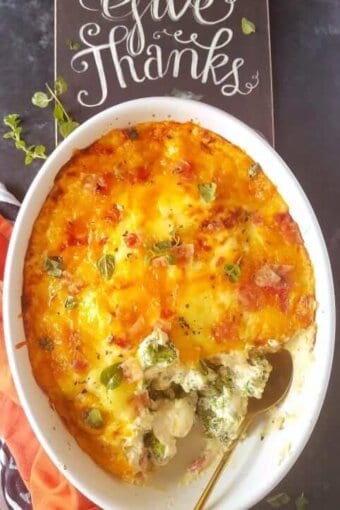 broccoli gratin in a baking dish for Thanksgiving