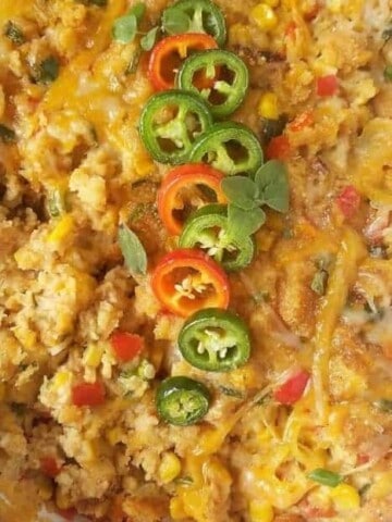 A close up of Mexican cornbread dressing casserole