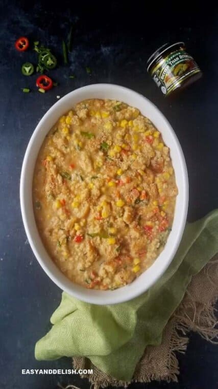 cornbread casserole mixture in a baking dish before baking 