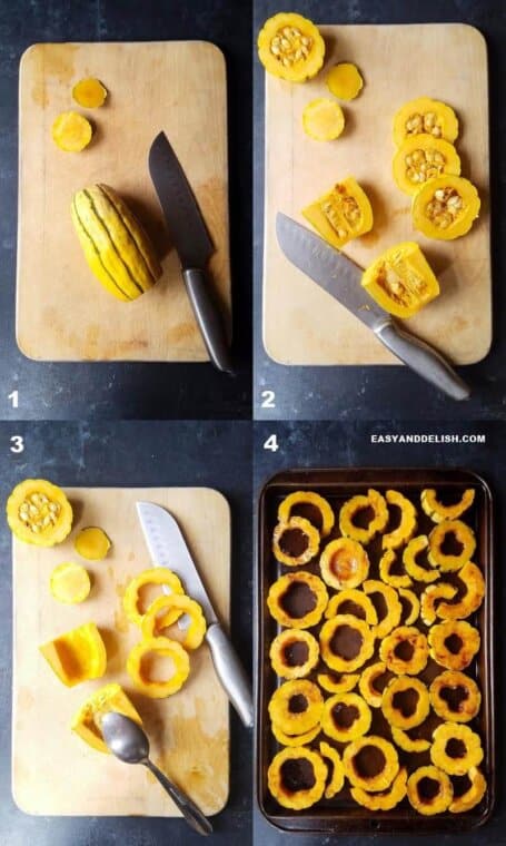 four photo collage showing how to cook delicata squash in the oven 