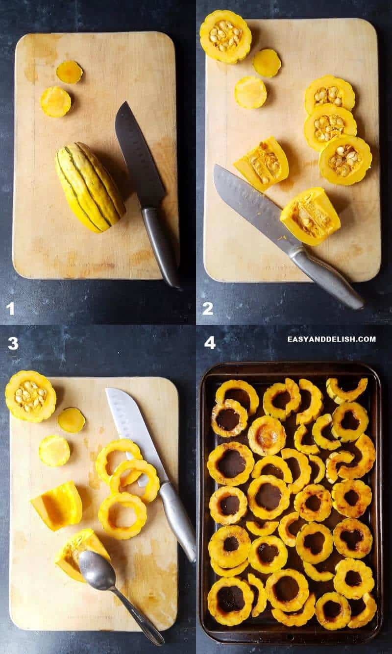 Learn how to cook delicata squash in the oven. It's simple and quick! NO PEELING NEEDED. This roasted delicata squash recipe is vegetarian, low carb, and sugar-free! Simply one of the most comforting ande delicious side dishes ever. #delicatasquash #squash #holidays #thanskgiving #easyrecipe #quickrecipe #roasting #side #lowcarb #vegetarian #sugarfree four photo collage showing how to cook delicata squash in the oven