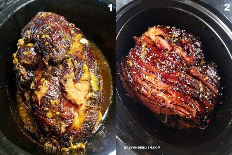 Collage of a glazed ham in a crock pot before and after cooking it.