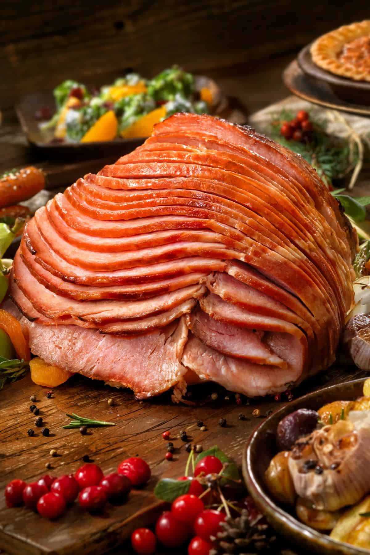 Crockpot honey glazed ham on a cutting board with garnishes around it.