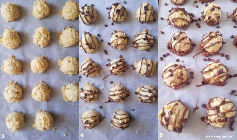 three images with cookies baked on a sheet pan with and without chocolate