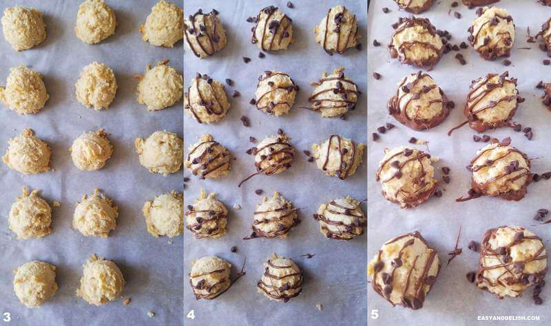 Keto or Low Carb Chocolate Chip Coconut Cookies made with almond flour and no added sugar. They are light, soft, and yummy. Small bites of heaven that are indulgent yet guilt-free! three images with cookies baked on a sheet pan with and without chocolate