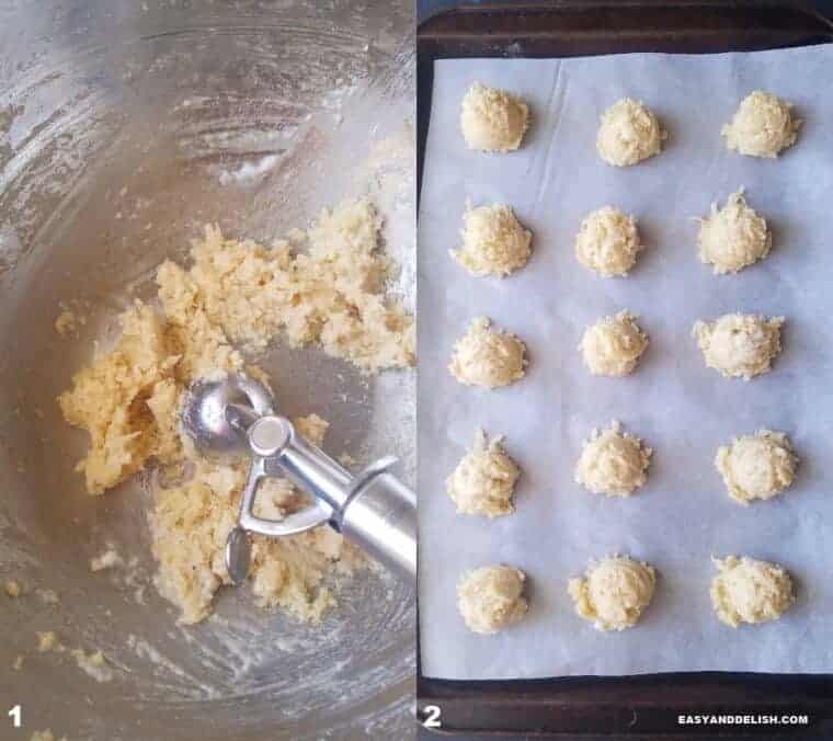 two images: one showing cookie batter mixed in a bowl and the other cookie balls on a baking sheet 